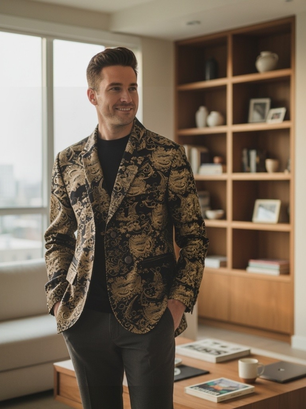 Men's Black & Gold Paisley Blazer - Elegant Evening Jacket